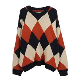 Kanske du Kvinnor Tröja Knitted Långärmad Orante Beige Navy Tänk Pullovers Höst Crew Neck Winter Plaid Argyle M0190 210529