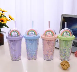 450 ml Rainbow Puchar Kubki Double Plastikowe ze słoma Materiał Pet dla dzieci Dorosłych GirlFirend Prezent Produkty