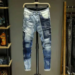Men Jeans Splice Jean Homme Skinny Denim Ripped Spijkerbroeken Heren Biker Stretch Pants Slim Fit Trousers Warm Pantalon Luxe H111264w