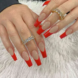 Falsas unhas 24 pcs Long Ballerina Falsos Unhas Francês Design Vermelho Artificial Caixão Falso com cola Capa Completa Prego Dicas Pressione 220225