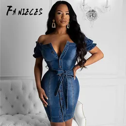 Dżinsowa sukienka bandaż dla kobiet Moda V Neck Sexy Blue Jean Button Krótki Rękaw Vestidos Plus Size S-2XL DRO 210520