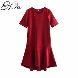 HSA mulheres plissadas vestido sexy o pescoço de manga curta algodão elegante festa dia vestido balck vermelho roupas verão 210716
