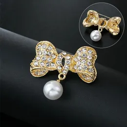 Elegant Gold Color Rhinestone Brooch Bowknot Simulated Pearl Lapel Pin For Women Simple Dress Coat Cardigan Wedding Jewelry Gift