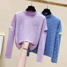 WWENN Out Autumn Winter Harajuku Letter Print T Shirt Hollow Tshirt Casual Long Sleeve Cotton Women Tops Blue Purple 210507