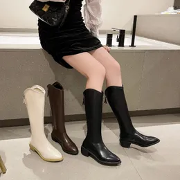 Сапоги, модные однотонные женские высокие мотоциклетные ботинки в стиле панк, женская обувь большего размера после молнии с острым носком из искусственной кожи