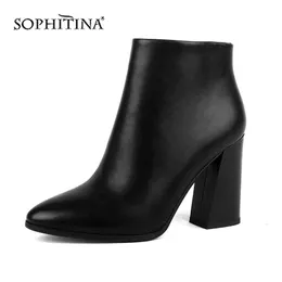 Sophitina Sexy Pointed Toe Boots Fashion Zipper Square Heel Solid Handgjorda Eleganta Speciella Skor Kvinnors Ankel Boots BY143 210513