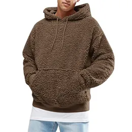 Men Boys Winter Thicken Plush Long Sleeve Sweatshirt Pullover Drawstring Hoodie Tops with Pocket Fluffy Kangaroo Outwear S-3XL 220114