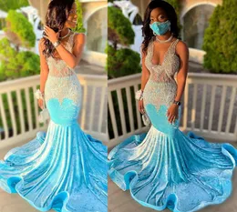 2021 Plus rozmiar arabski Aso Ebi niebieski luksusowy syrenka suknie balowe zroszony kryształy aksamitna wieczór formalna impreza druga recepcja suknie sukienka ZJ464