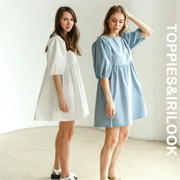 Toppies Babydoll Dress 100% Cotton Woman O-neck Short Mini Lantern Sleeve Blouses Female A-line Ladies es Summer 210623