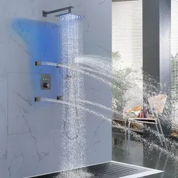 Set di rubinetti per sistema doccia a pioggia in nichel spazzolato per bagno Pioggia a LED di lusso da 8 x 12 pollici con valvola miscelatrice termostatica a spruzzo portatile