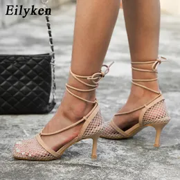 Eiluken Lato Jesień Sexy Siatki Pompy Sandały Kobiet Plac Toe High Heel Lace Up Cross-Hollow Dress Dress Buty Shgowshgtow