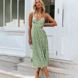 Jastie sommar kvinnor tunna band klänning v-hals spets upp backless sexiga midi klänningar chic daisy print boho klänning kvinnlig vestidos 210419