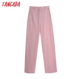 Tangada femmes rose costume pantalon Vintage taille haute Chic mode poches latérales fermeture éclair braguette femme pantalon BE533 210609