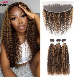 Ishow Przezroczyste Koronki Frontal Highlight Human Włoski Wiązki Z Zamknięciem Brazylijski Body Wave 3/4 PCS Peruvian Proste Kinky Curly Dla Kobiet 8-28inch Ombre Kolor