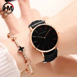 Drop Japan Quartz Rörelse Uhren Dame Creative Women Se klocka Lyxig Svart Läder Ladies Klocka Reloj Mujer 36mm 210527