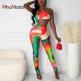 여성 한 어깨 jumpsuit 컬러 블로킹 프린트 섹시 민소매 컷 보디 콘 rompers 여름 ​​Y2K 복장 거리 210517
