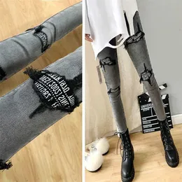 Spring Autumn Plus Size Hole Sequined Jeans Women Streetwear High Elastic Stretch Skinny Pencil Pants Female Denim Trousers 211129