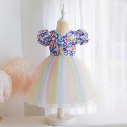 Colorful Girls Flower Dress for Kids Petals Rainbow Color Tulle Lolita Princess Toddler Party Costume 210529