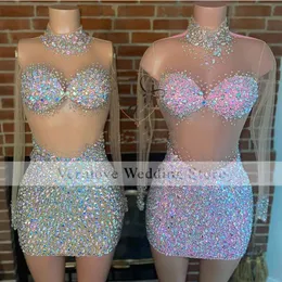 Sparkle Beads Crystal Коктейльные платья Женщина Вечеринка Ночная Иллюзия Vestidos Формалирует короткие выпускные платья Vestidos de Fiesta