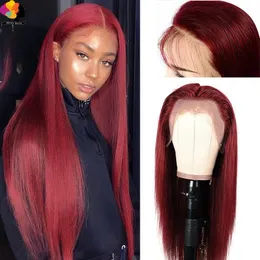 Straight Burgundy Lace Front Wigs 13 * 1 99J Röd mänsklig hår peruk brasiliansk pre-plocked del remy