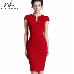 Nice-forever Office Women Vintage Summer Solid Deep V neck Zipper Back Formal Stretch Pencil work Bodycon Pocket Dress 521 210623