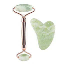 Jade Roller Gua Sha Verktyg uppsättning Konst och hantverk Naturlig svart Obsidian Facial Massageroller Guasha Board Jadestone Face Lift Drop med låda