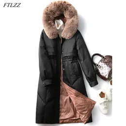 Down Jacket Women Long White Duck Coat Tjock Real Fox Fur Hooded Vinter Kvinna Puffer Feather Parka Outwear 210430