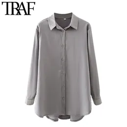 TRAF Kadınlar Moda Yumuşak Dokunmatik Gevşek Bluzlar Vintage Uzun Kollu Button-Up Kadın Gömlek Blusas Chic Tops 210415