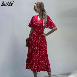 Элегантное платье Print Print Print женщин повседневная кружева V-шеи Party Party Press Wrap Waph Wear Streetweart Retro Maxi платье 210514