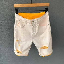 High Quality Fashion Men Color Khaki orange stretch denim Shorts Summer thin Ripped biker Jeans Short Male Bermuda Brand Clothes 210716
