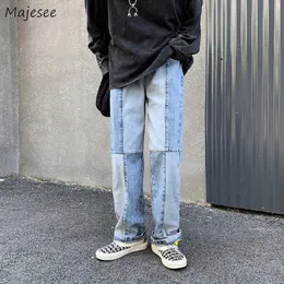 Män Jeans Patchwork Straight Wide Lege Loose Plus Size 3xl Streetwear Studenter Hip Hop Vintage All-Match Fashion Casual Daily New X0621