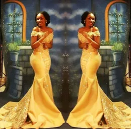 2022 Elegancki Żółty Afryki Syrenki Suknie Wieczorowe Długie Pociąg Formalny Off The Ramię Luksusowe Kryształy Kryształy Cekiny Satin Arabski Plus Size Trumpet Prom Dress