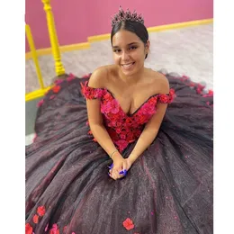 2021 Vintage Black And Red Mexican Quinceanera Dresses Hand Made Flowers Appliqued Off The Shoulder Lace up Organza Formal Party Prom Evening Gowns