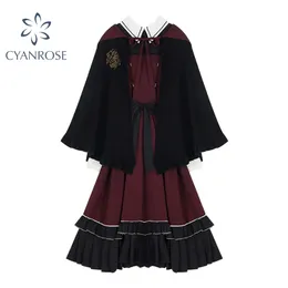 Women Preppy Style Dress With Shawl Fluffy Frocks Female Red Japanese Lolita Style Vintage Gothic School Student Princess Dresse 210417