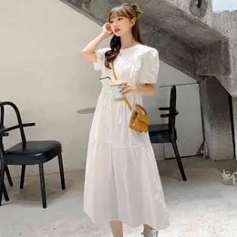 Lato krótki rękaw kobiety dorywcza sukienka luźna rocznika moda żeński białe sukienki szyfonowe koronki w górę A-line vestidos 210423