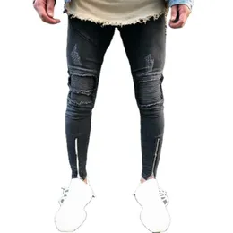 Męskie dżinsy Męskie Stretch Skinny Ripped Denim Spodnie Moda W trudnej sytuacji Lato 2021 Pełna długość Zipper Hole Hole Odzież Spodnie