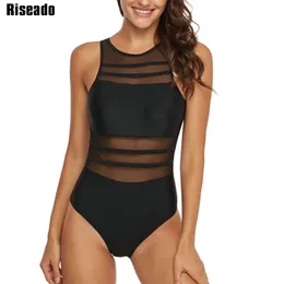 Riseado Black Mesh Swimsuit Kobiety Swimwear Sexy Wysokiej Neck Kostium Kąpielowy Backless Plus Size XXL 210630