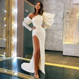 Ivory One Shoulder Side Split Mermaid Evening Dresses Long Sleeves Sweep Train Formal Prom Gowns Plus Size