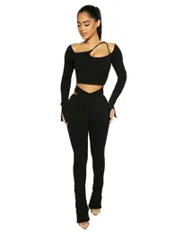 Women's Two Piece Pants XLLAIS Long Sleeve Set Women Winter Clothes Fashion Flared Black T-shirt Tracksuits Matching Outfits