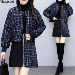 Herbst Winter Elegante Runway Tweed Zwei Stück Set Frauen Plus Größe Langarm Mantel Reißverschluss Strickjacke und Minirock Anzug Outfit 210513