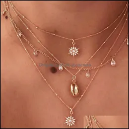 Pendant Necklaces & Pendants Jewelry Docona Simple Gold Shell Sun Flower Mtilayer Necklace For Women Crystal Chain Long Collares C15109 Y030