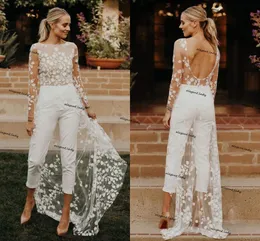 lace floral beach bridal jumpsuit with train 2021 long sleeve backless bohemian summer holiday wedding dress with pant suit
