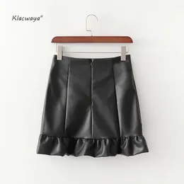 kvinnor solid mini kjolar mode damer ruffles faux läder a-line ovanför knä chic kvinnlig sexig klubb 210521