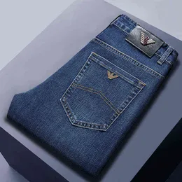 och höst vinter män jeans medium midja rakt rör smal passform busin casual elastiskt varumärke