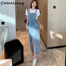 Fashion Streetweaer Vintage Button Denim Spaghetti Strap For Women Summer High Waist Split Elegant Dress 210515