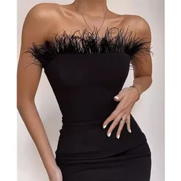 Summer Sexy Strapless Backless Feather Black Midi Women Bodycon Bandage Dress Designer Party Club Vestido 220111