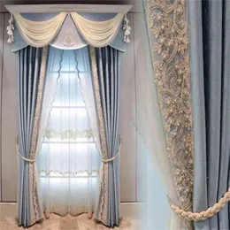 Högkvalitativ modern vacker europeisk spets stil solid färg lyxig blå nyans spets gardin för vardagsrum sovrum skräddarsy 210913