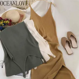 OCEANLOVE V Neck Solid Knitted Dresses Casual All Match Simple Fashion Korean Women Dress Elegant Vestidos Clothes 15517 210623