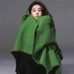 150*135cm Pashmina Shawl For Women Autumn Winter High Quality Green Letter Thick Warm Scarf Street Poncho Female 220107