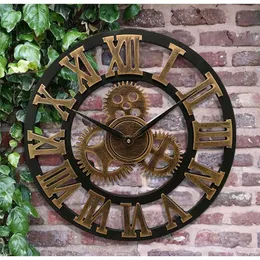 30-80cm American Wooden 3D Retro Gear Roman Clock Wall Clock Modern Design Living Room Cafe Quiet Decorative Quartz Clock 211110